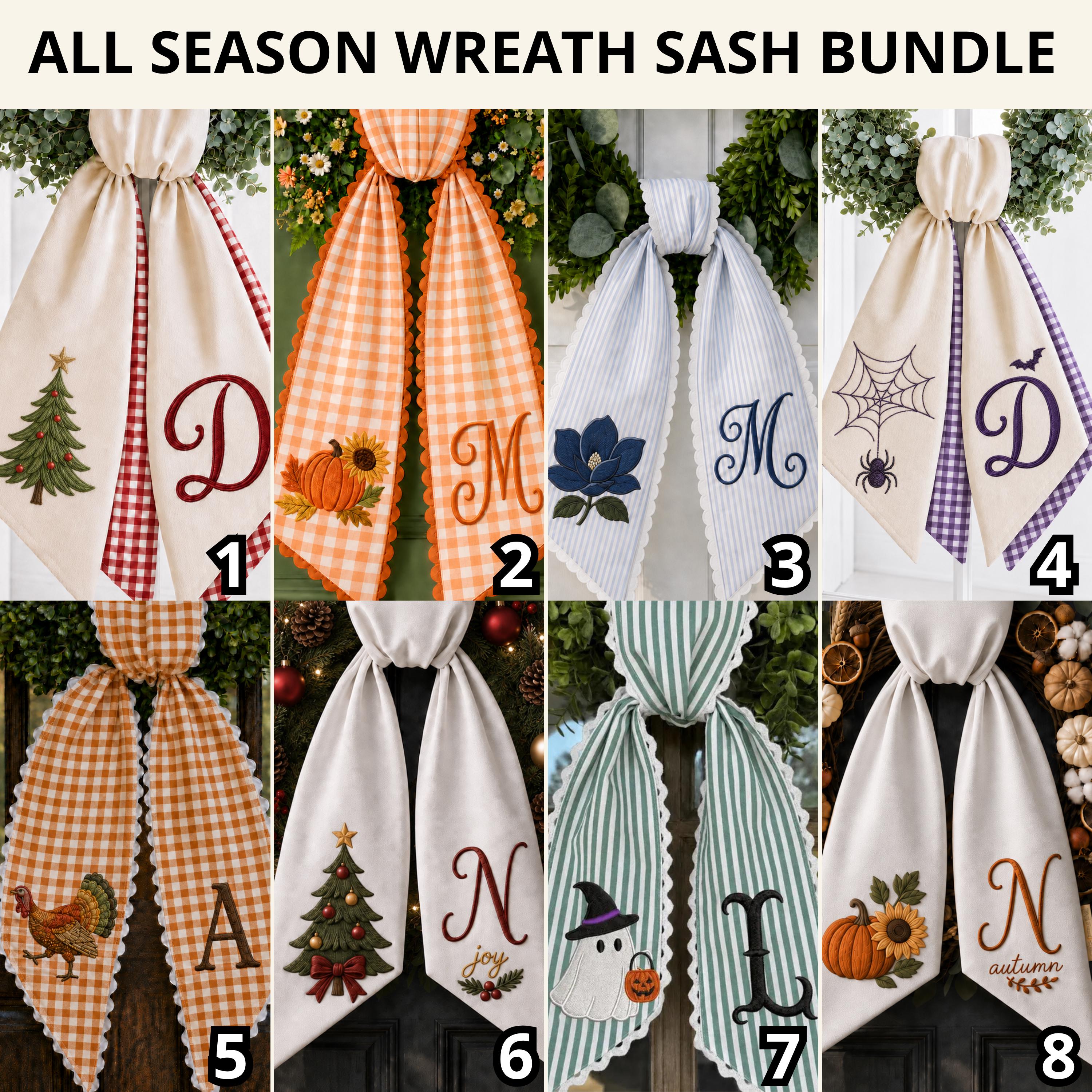 All Season Wreath Sash Bundle with Custom Monogram Bow Sashes and Personalized Fall Halloween Christmas Floral Door Decor Holiday Set