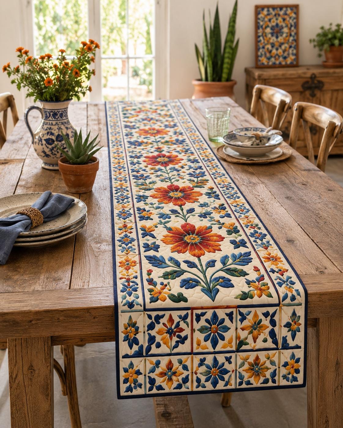 Mexican Table Runner – Colorful Folk Art Floral Table Decor and Southwestern Hacienda Dining Table Runner for Fiesta Kitchen Decor