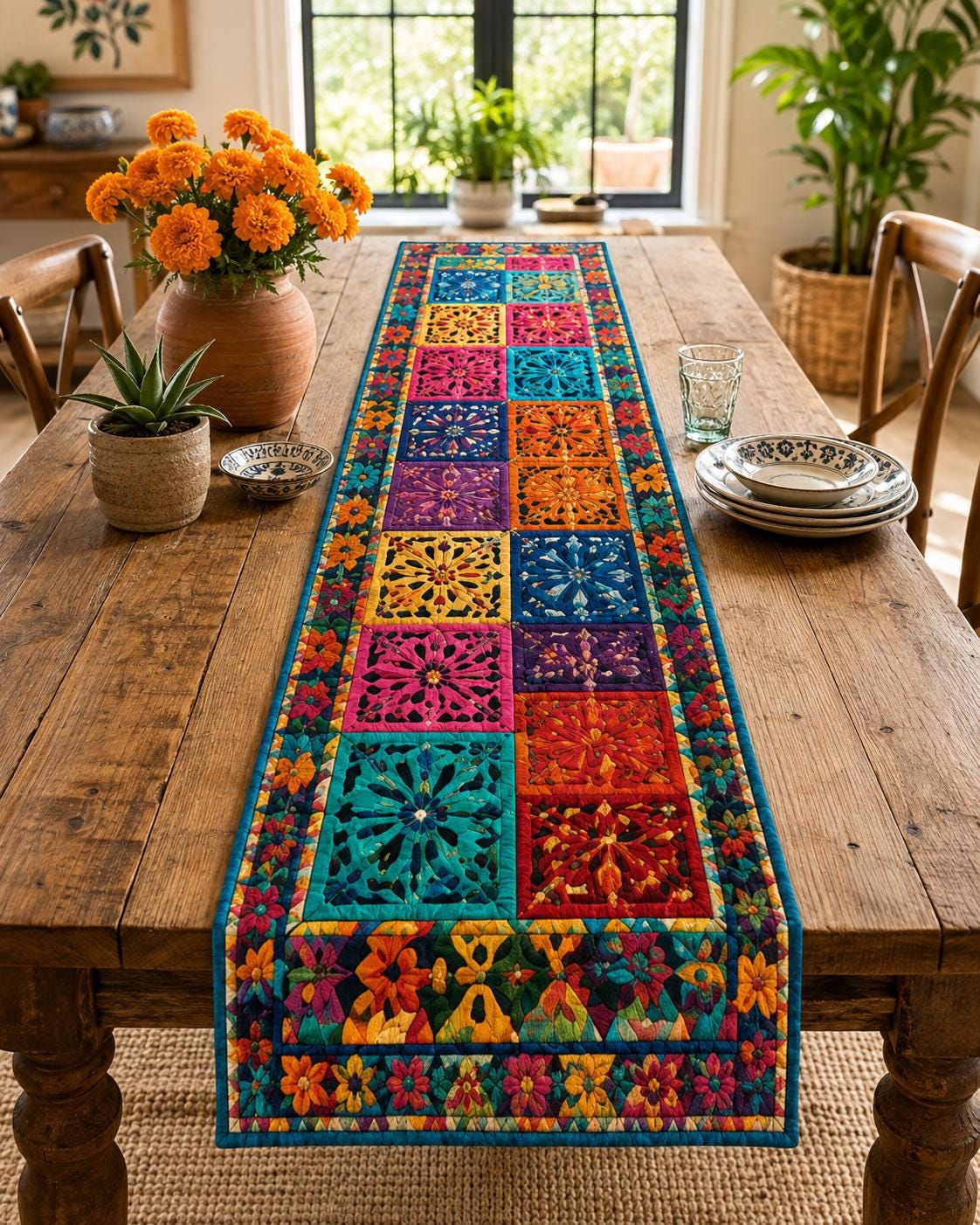 Mexican Quilt Style Table Runner – Colorful Floral Folk Art Dining Decor and Southwestern Table Linens for Hacienda Home Decor, Fiesta Table Decor