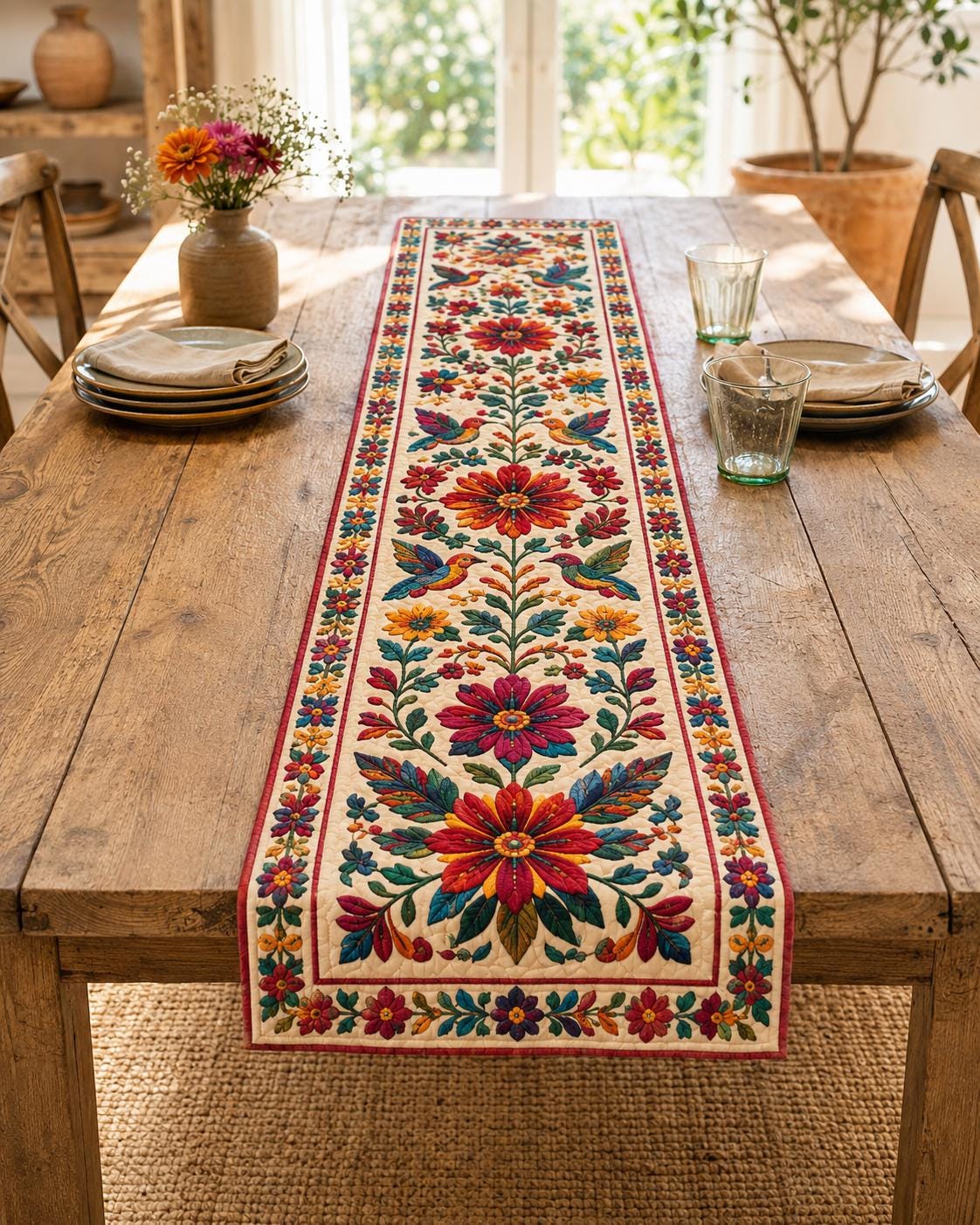 Mexican Quilt Style Table Runner – Colorful Floral Folk Art Dining Decor and Southwestern Table Linens for Hacienda Home Decor, Fiesta Table Decor - photo 6