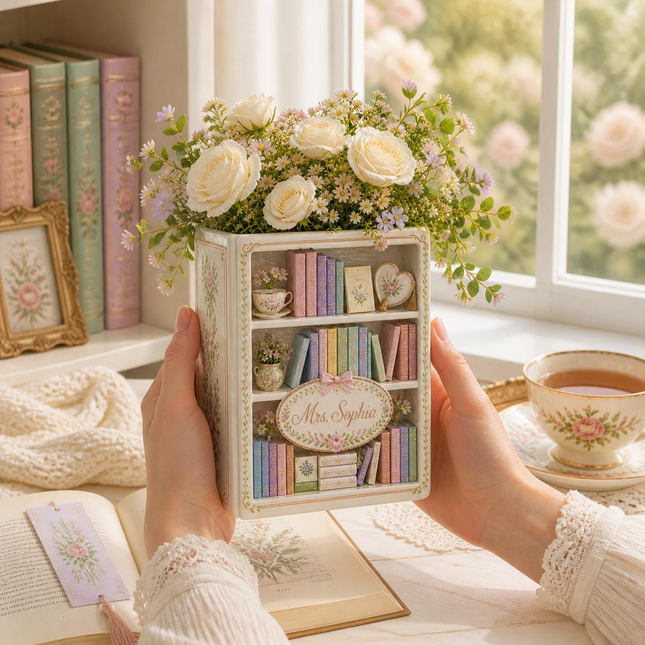 Personalized Book Vase – Book Shaped Flower Vase for Literary Home Decor and Book Lover Gift, Custom Name Vase, Cottagecore Decor - photo 3