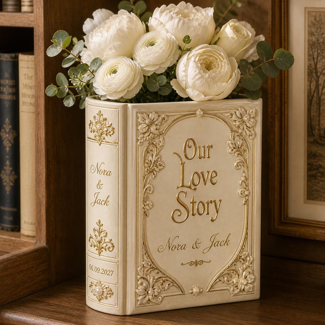 Personalized Love Story Book Vase – Couple Book Shaped Vase for Wedding Flower Vase, Anniversary Gift, Custom Name Decor, Romantic Home Decor