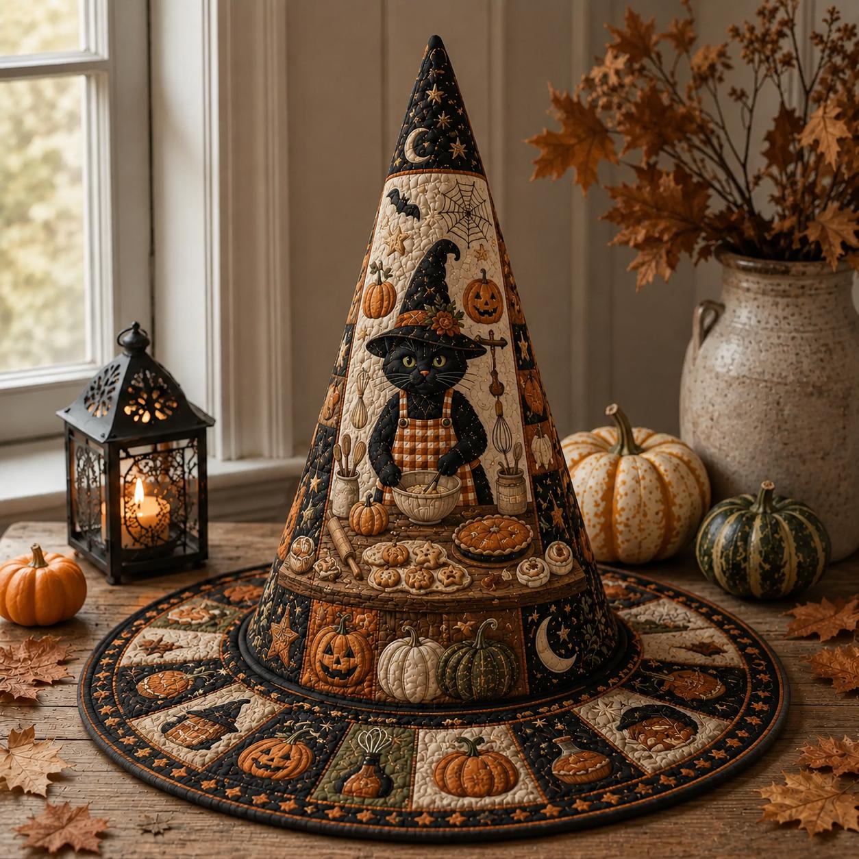 Witch Hat – Quilted Black Cat Autumn Harvest Pumpkin Table Centerpiece Decor for Cat Lover Gift and Halloween