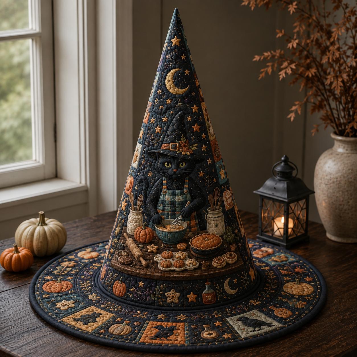 Witch Hat – Quilted Black Cat Autumn Harvest Pumpkin Table Centerpiece Decor for Cat Lover Gift and Halloween - photo 2