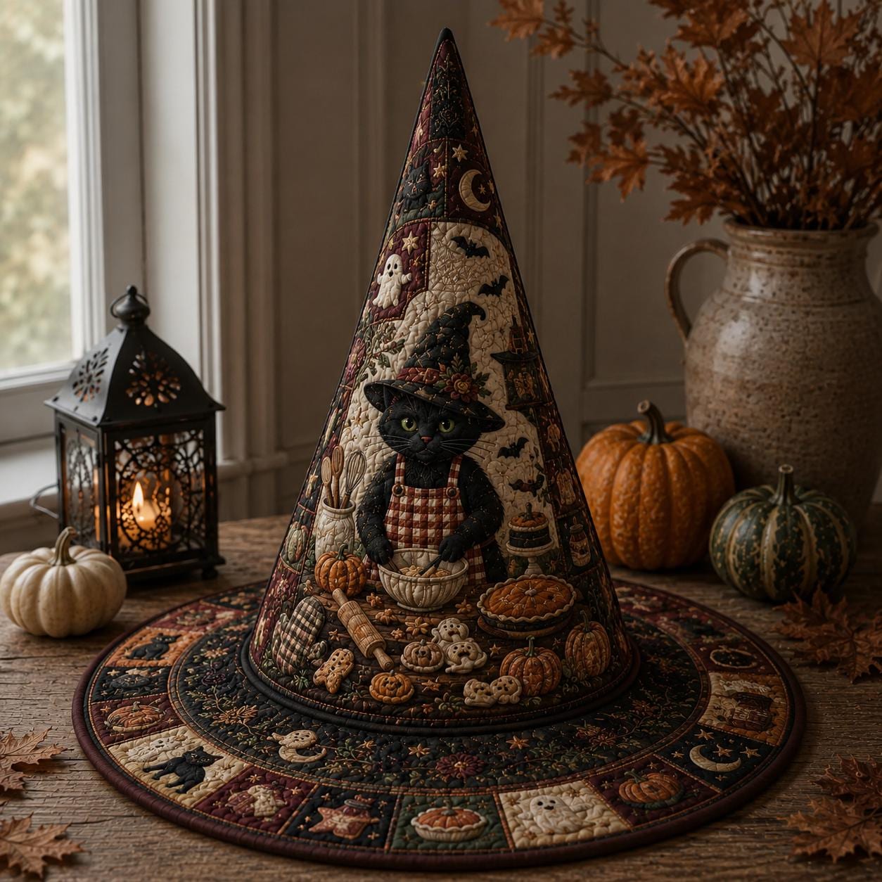Witch Hat – Quilted Black Cat Autumn Harvest Pumpkin Table Centerpiece Decor for Cat Lover Gift and Halloween - photo 5