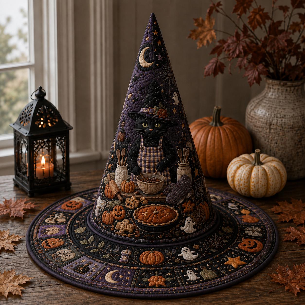 Witch Hat – Quilted Black Cat Autumn Harvest Pumpkin Table Centerpiece Decor for Cat Lover Gift and Halloween - photo 6
