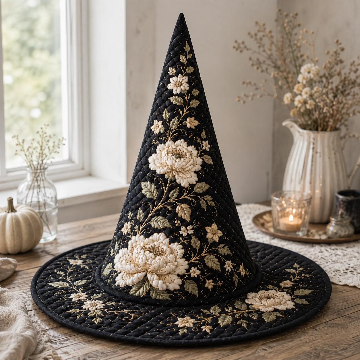 Witch Hat – Quilted Floral Elegant Botanical Cottagecore Flower Table Centerpiece Decor for Garden Lover Gift and Halloween