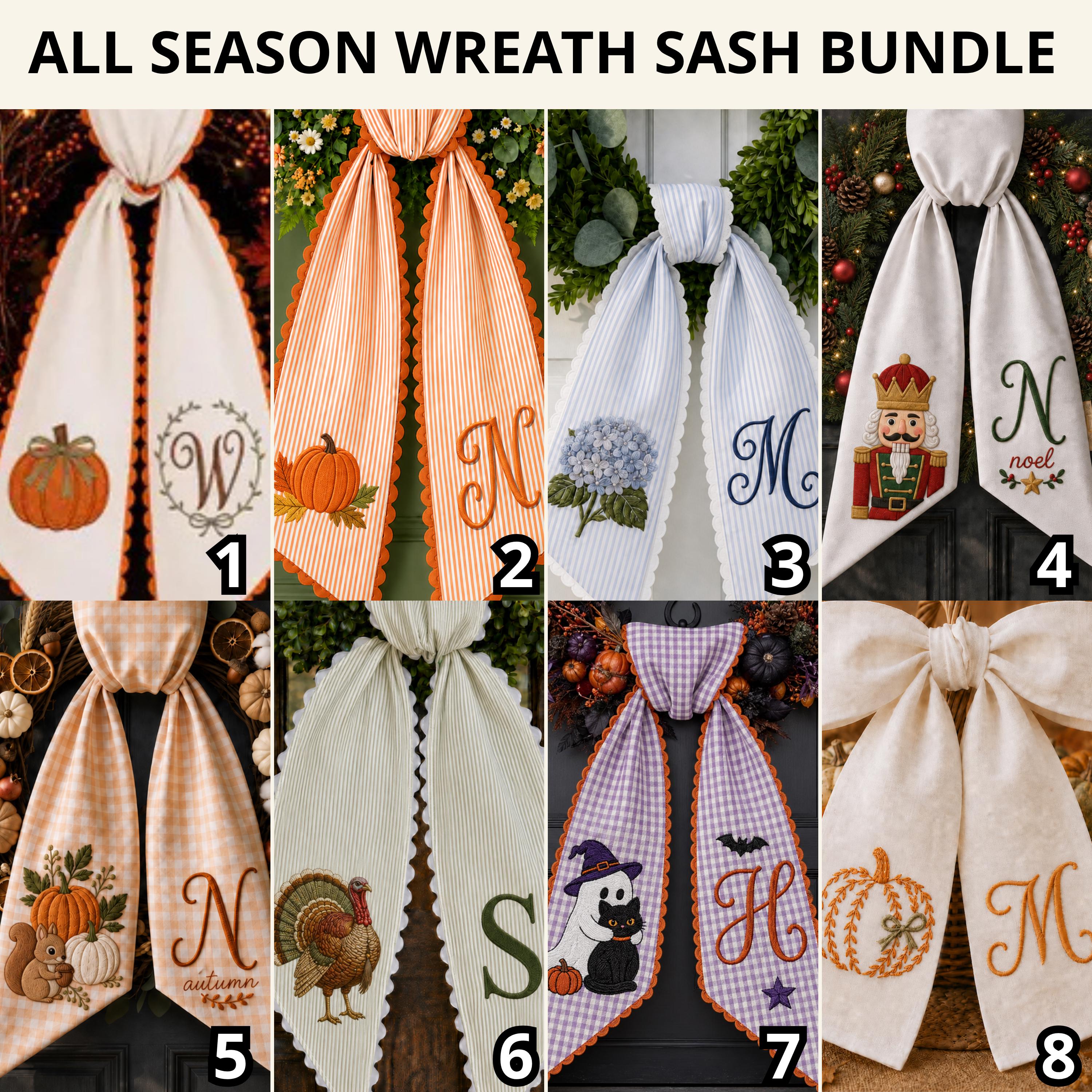 All Season Wreath Sash Bundle with Personalized Embroidery Monogram for Door Decor and Autumn Pumpkin Halloween Nutcracker Floral Design