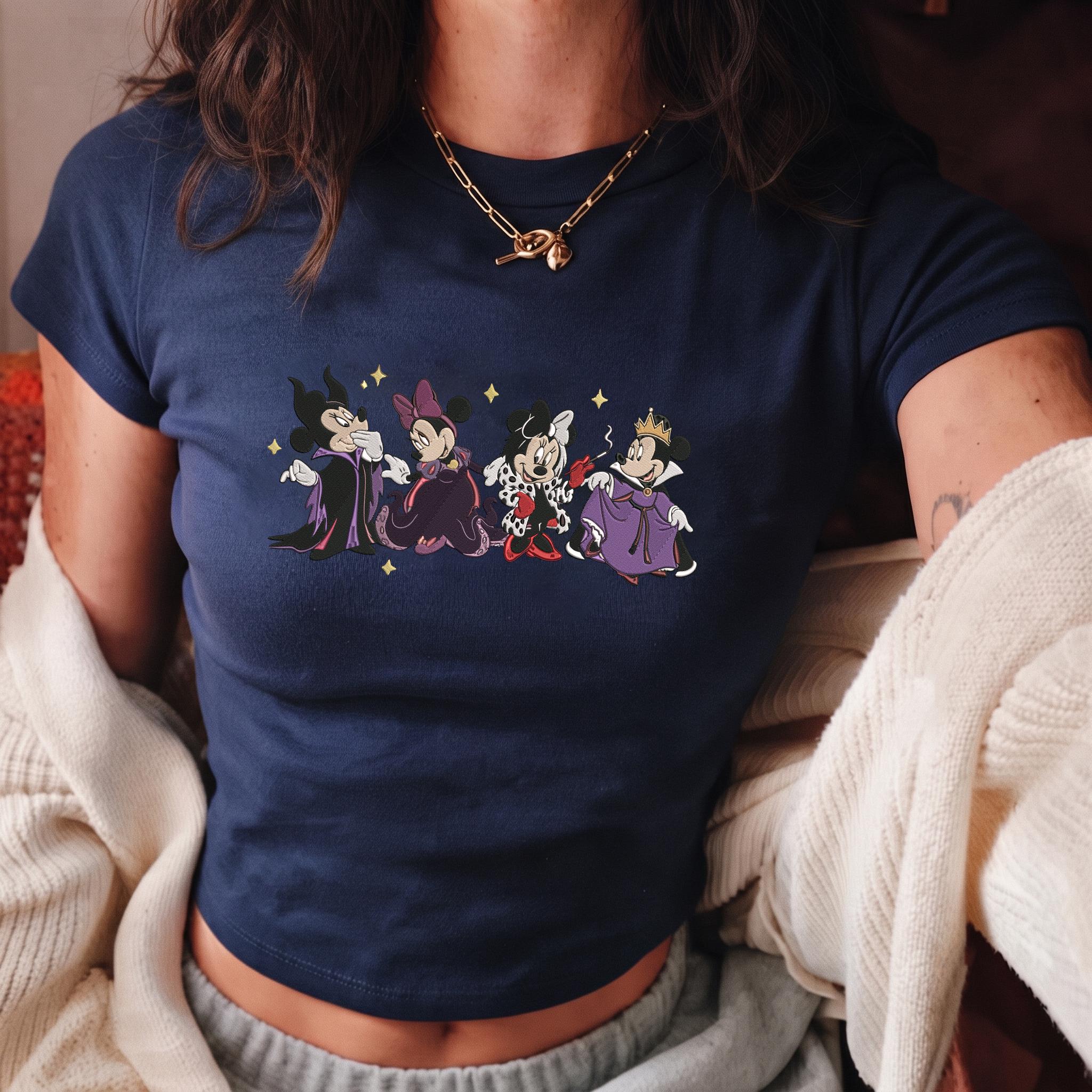 Embroidered Minnie Disney Villains Halloween Baby Tee Crop Tank with Cruella Maleficent Evil Queen – Bad Witches Spooky Season Lace Trim Tank Top
