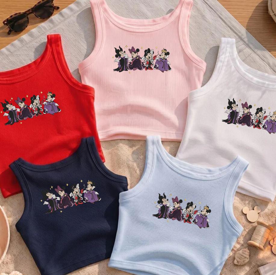 Embroidered Minnie Disney Villains Halloween Baby Tee Crop Tank with Cruella Maleficent Evil Queen – Bad Witches Spooky Season Lace Trim Tank Top - photo 5