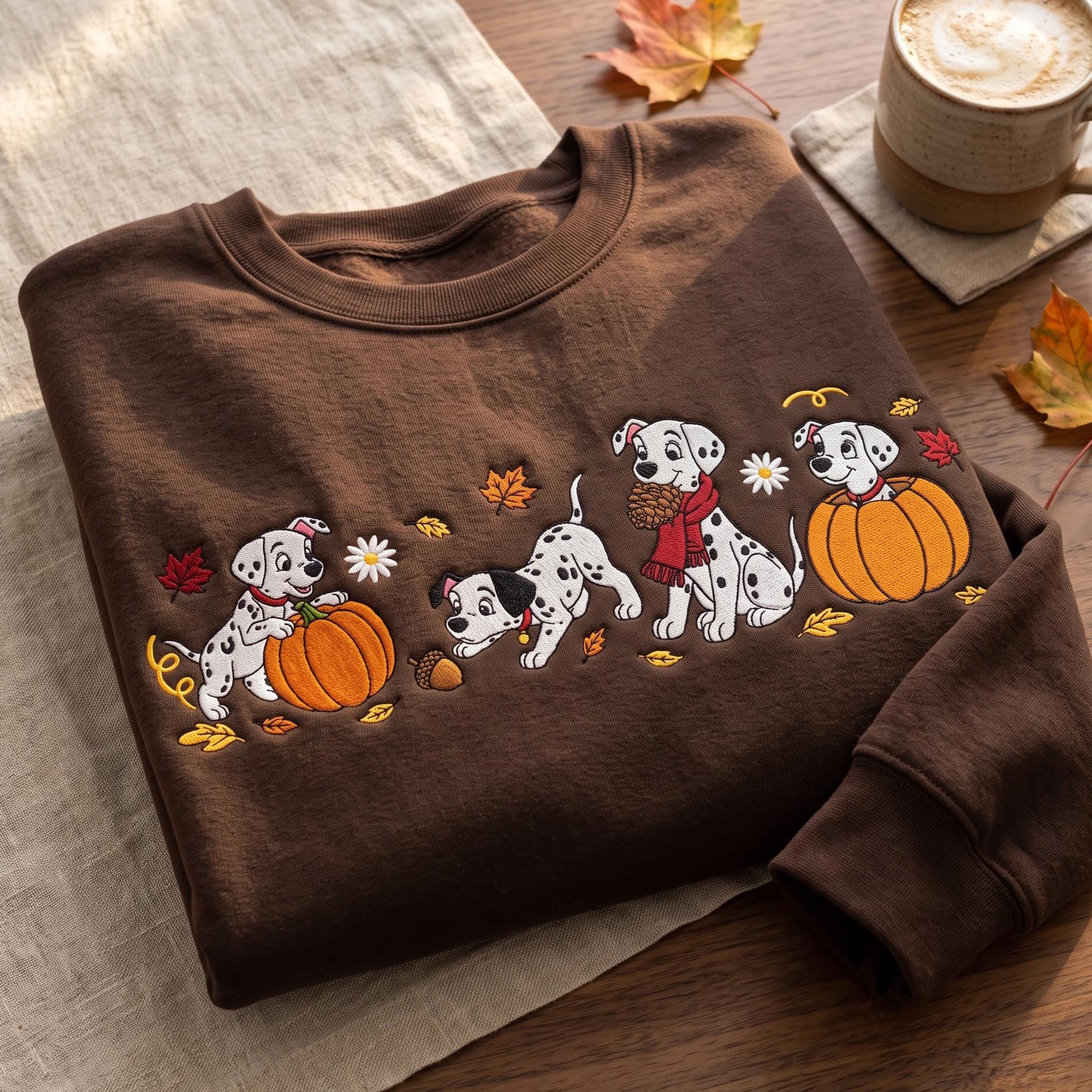 Embroidered Disney Dalmatians Pumpkin Fall Sweatshirt Hoodie – Cute Spooky Season Autumn Puppies Shirt and Dog Lover Gift Tee