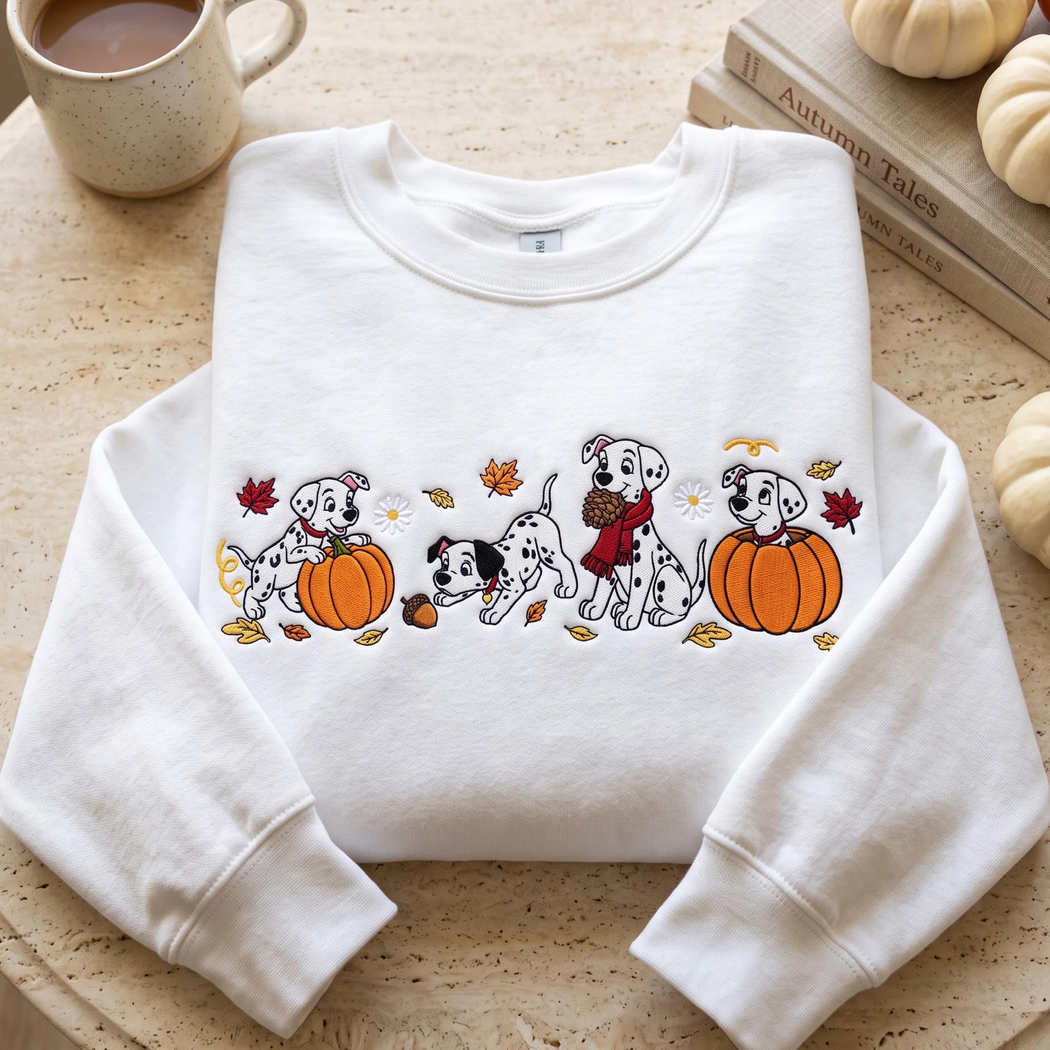 Embroidered Disney Dalmatians Pumpkin Fall Sweatshirt Hoodie – Cute Spooky Season Autumn Puppies Shirt and Dog Lover Gift Tee - photo 3
