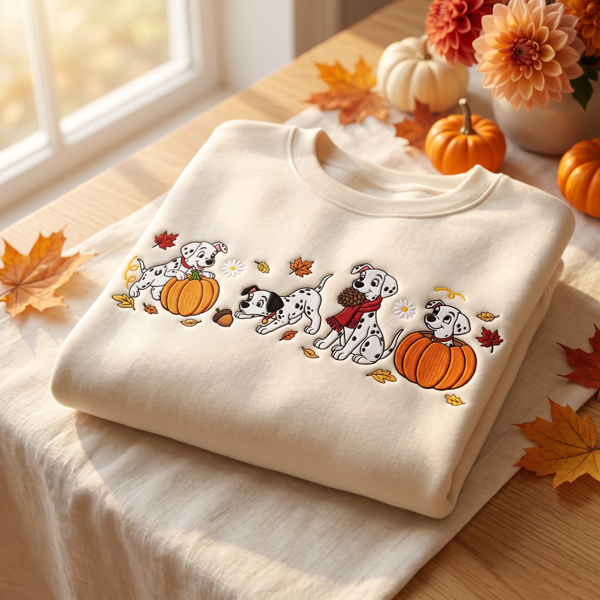 Embroidered Disney Dalmatians Pumpkin Fall Sweatshirt Hoodie – Cute Spooky Season Autumn Puppies Shirt and Dog Lover Gift Tee - photo 4