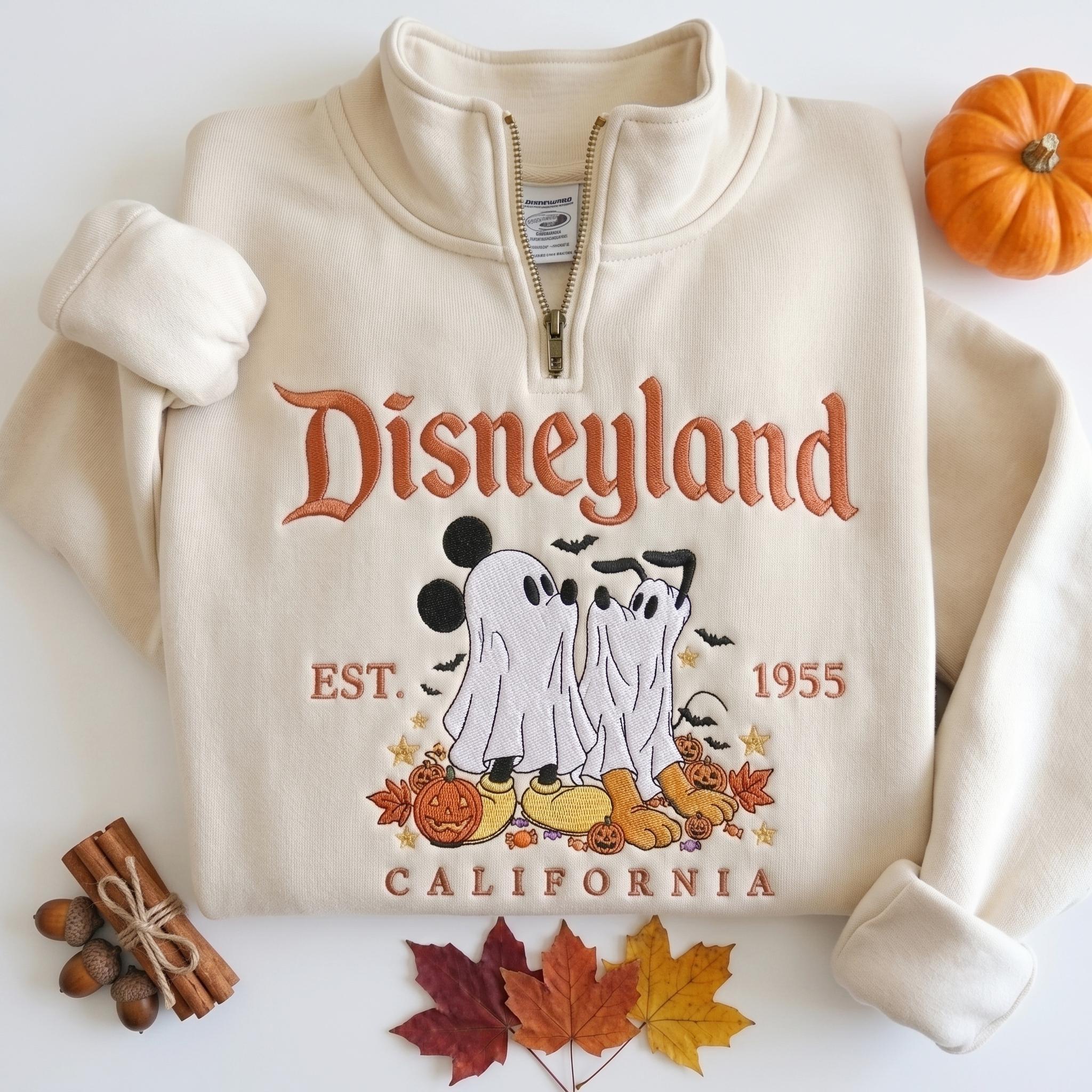Custom Embroidered Disney Ghost Mickey and Pluto Halloween Quarter Zip Sweatshirt – Disneyland California Park Day Crewneck Magic Travel Gift