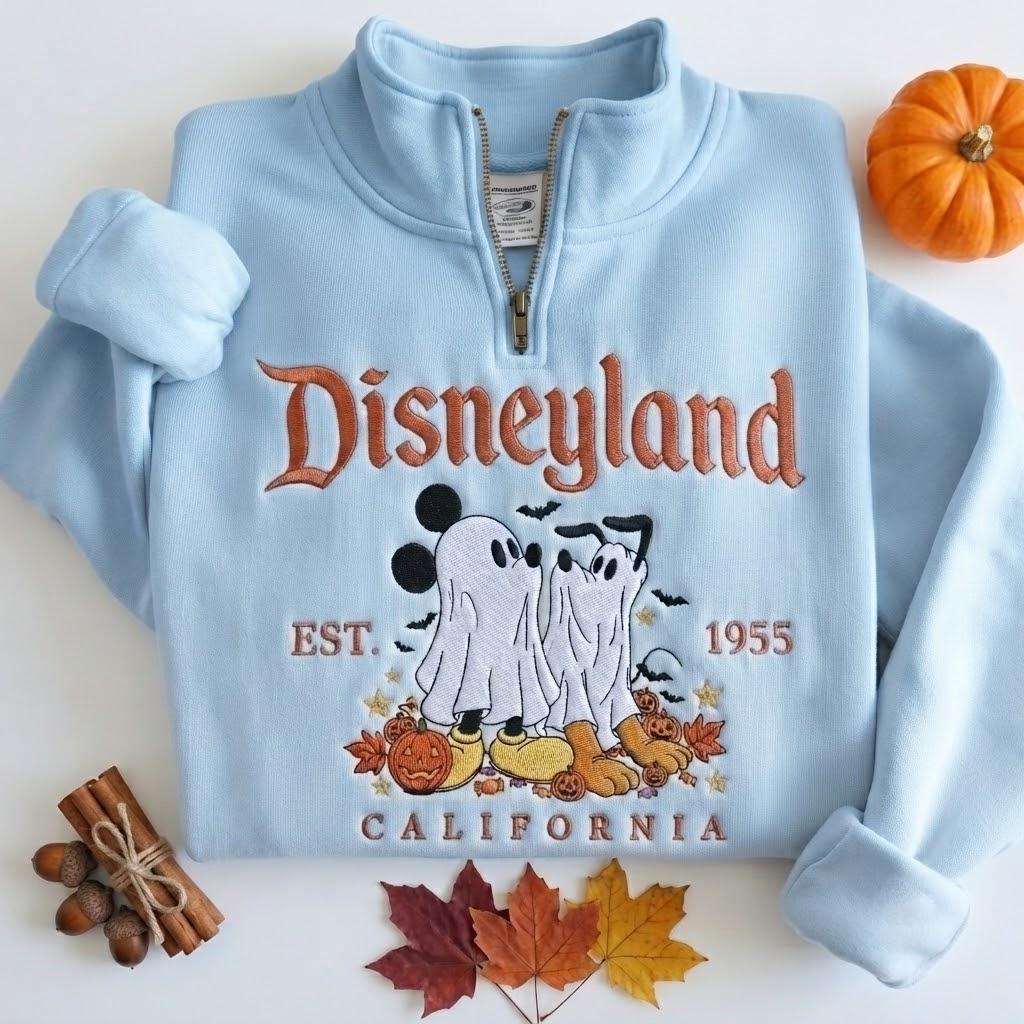Custom Embroidered Disney Ghost Mickey and Pluto Halloween Quarter Zip Sweatshirt – Disneyland California Park Day Crewneck Magic Travel Gift - photo 2
