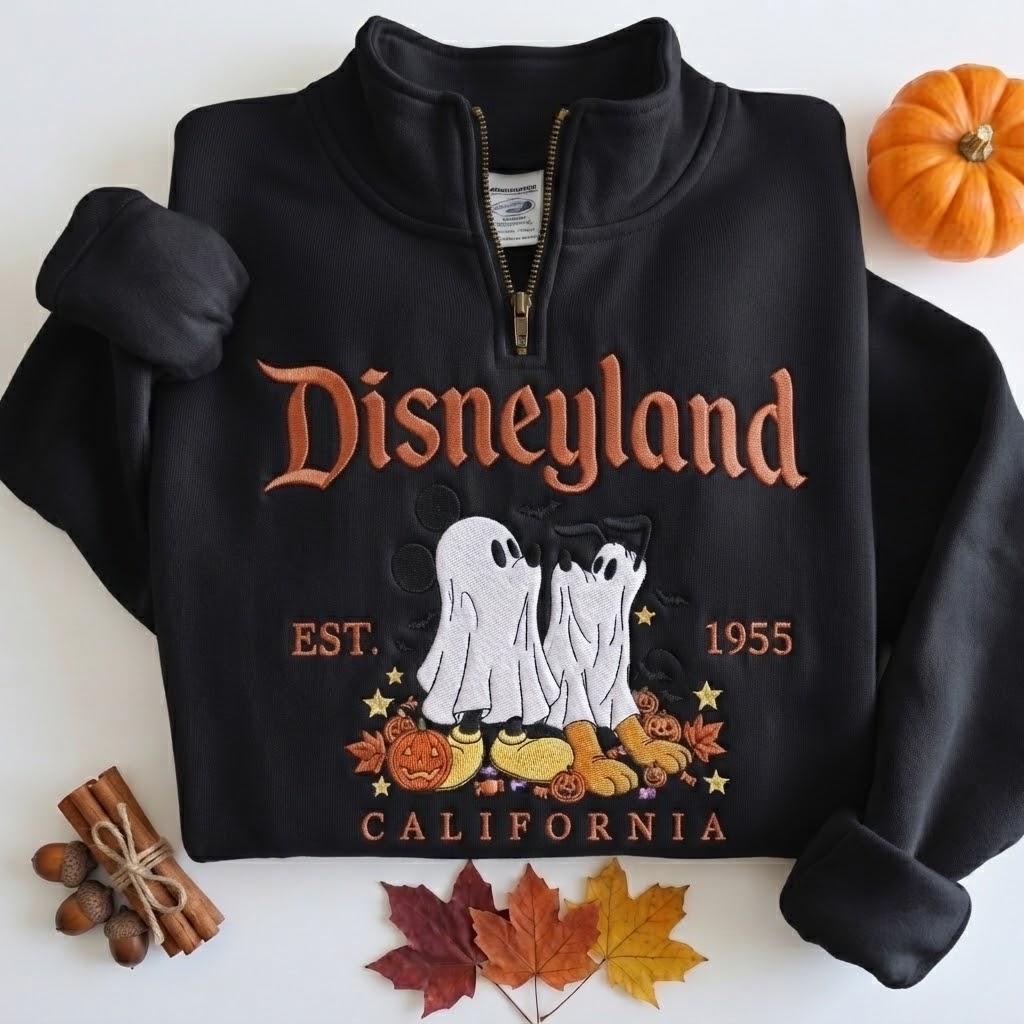 Custom Embroidered Disney Ghost Mickey and Pluto Halloween Quarter Zip Sweatshirt – Disneyland California Park Day Crewneck Magic Travel Gift - photo 3