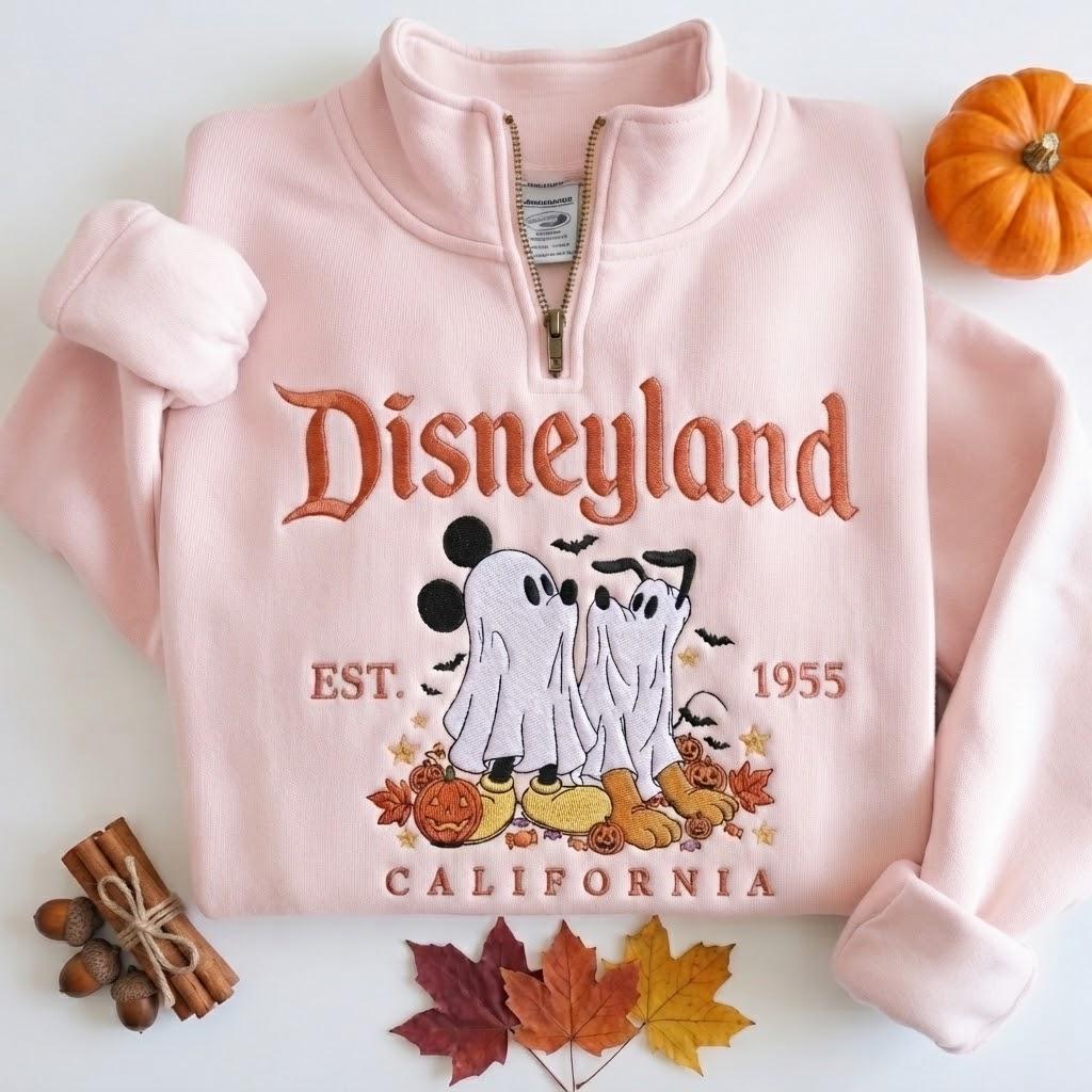 Custom Embroidered Disney Ghost Mickey and Pluto Halloween Quarter Zip Sweatshirt – Disneyland California Park Day Crewneck Magic Travel Gift - photo 4