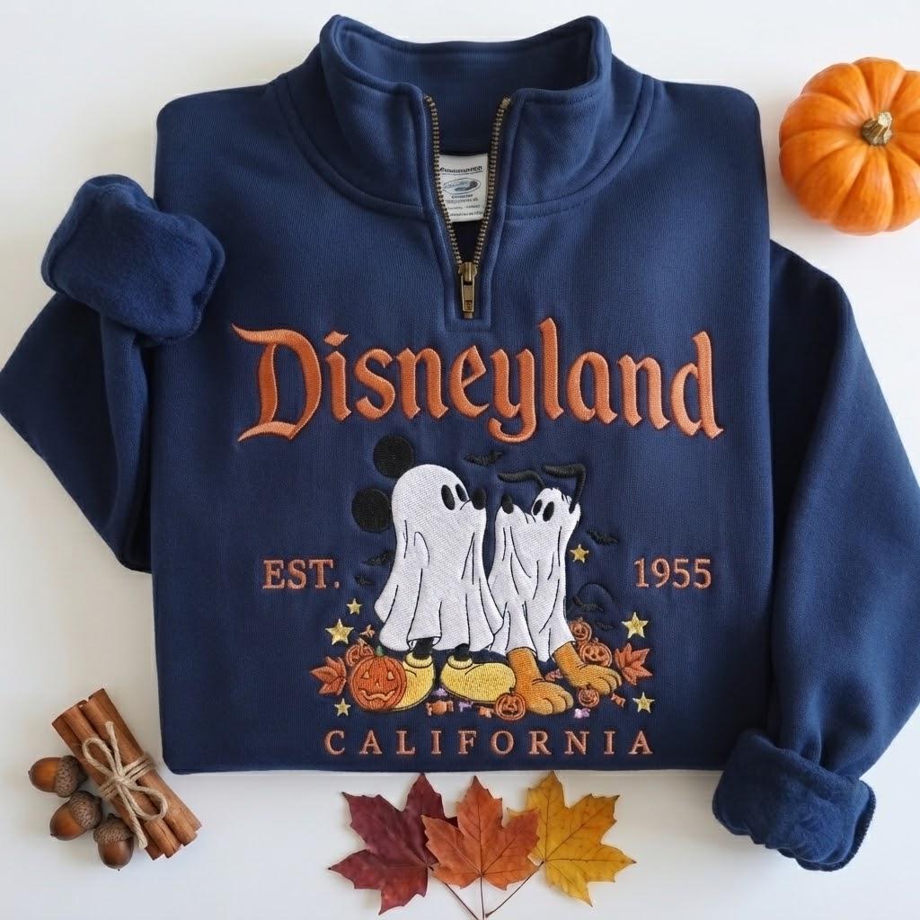 Custom Embroidered Disney Ghost Mickey and Pluto Halloween Quarter Zip Sweatshirt – Disneyland California Park Day Crewneck Magic Travel Gift - photo 5
