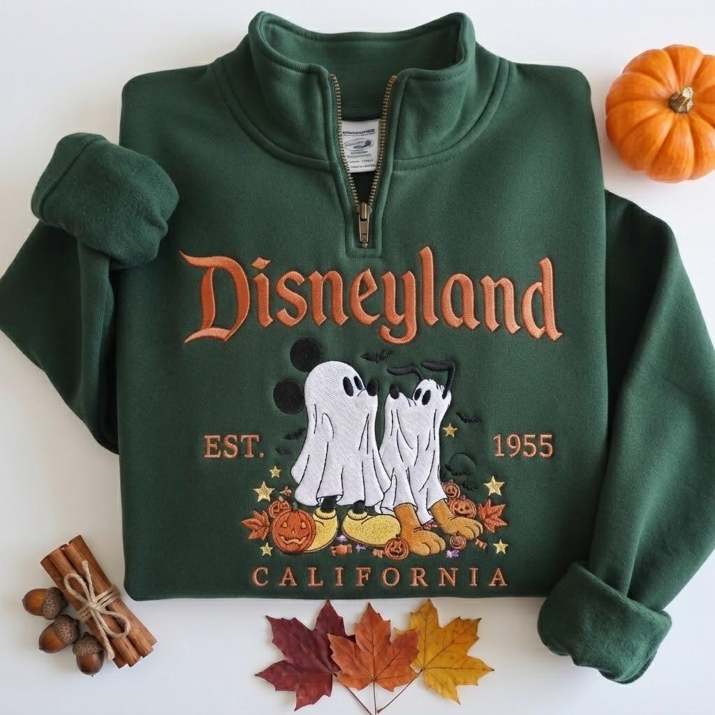 Custom Embroidered Disney Ghost Mickey and Pluto Halloween Quarter Zip Sweatshirt – Disneyland California Park Day Crewneck Magic Travel Gift - photo 6