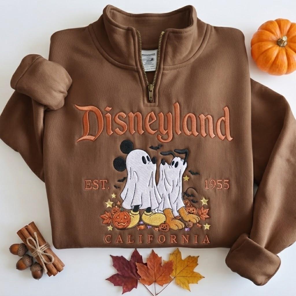 Custom Embroidered Disney Ghost Mickey and Pluto Halloween Quarter Zip Sweatshirt – Disneyland California Park Day Crewneck Magic Travel Gift - photo 7