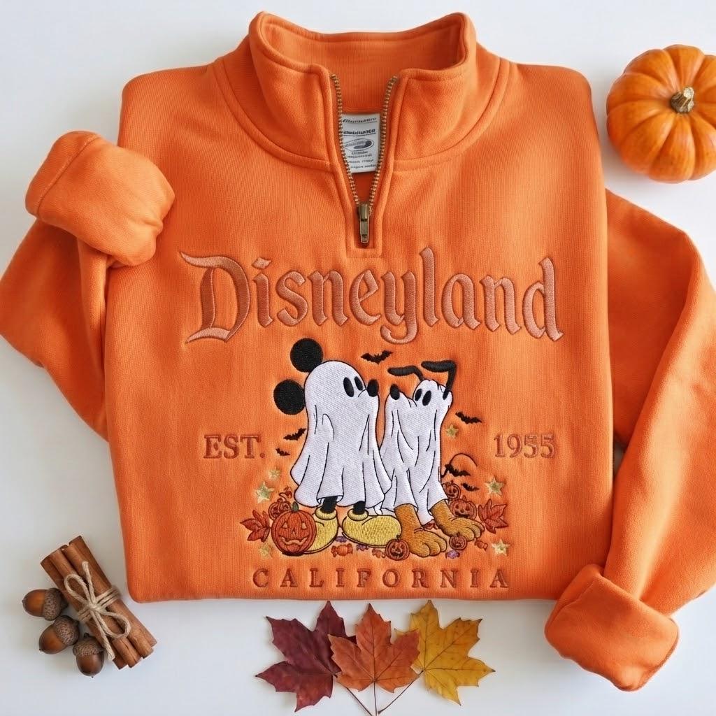 Custom Embroidered Disney Ghost Mickey and Pluto Halloween Quarter Zip Sweatshirt – Disneyland California Park Day Crewneck Magic Travel Gift - photo 8