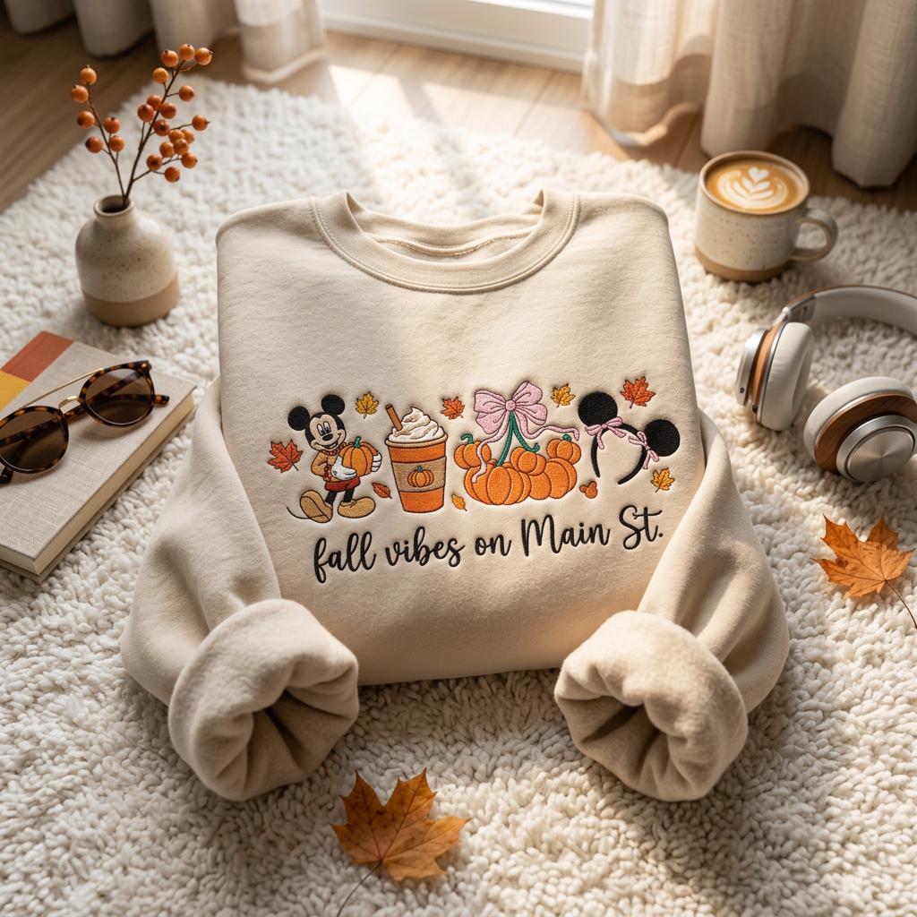 Embroidered Fall Vibes on Main Street Sweatshirt – WDW 1955 Disney Family Trip Vacation Crewneck Shirt for Park Days