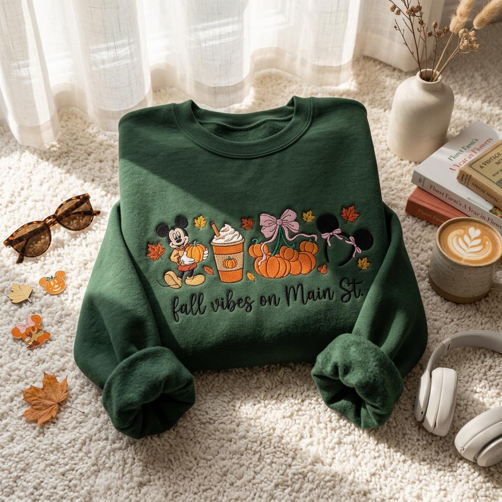 Embroidered Fall Vibes on Main Street Sweatshirt – WDW 1955 Disney Family Trip Vacation Crewneck Shirt for Park Days - photo 2