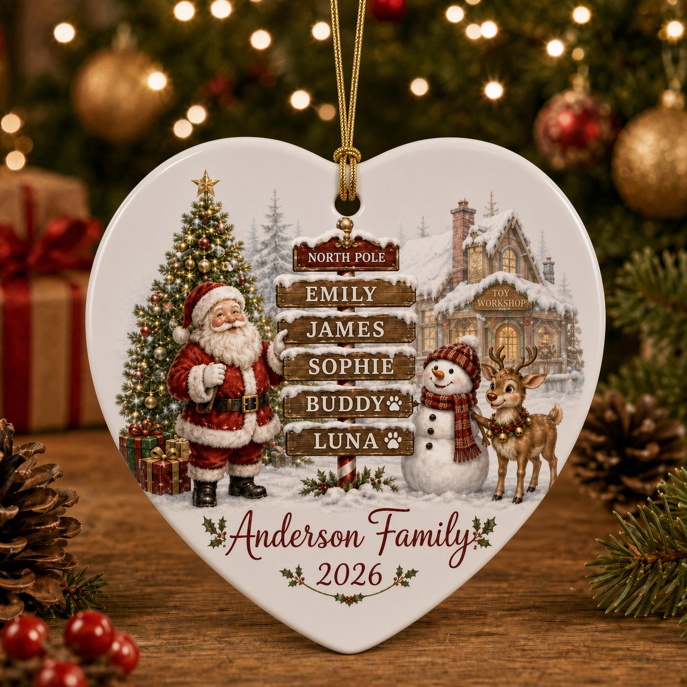 Personalized Family Christmas Ornament with Custom Family Names and Pets Ceramic Keepsake for Santa North Pole Gift 2026