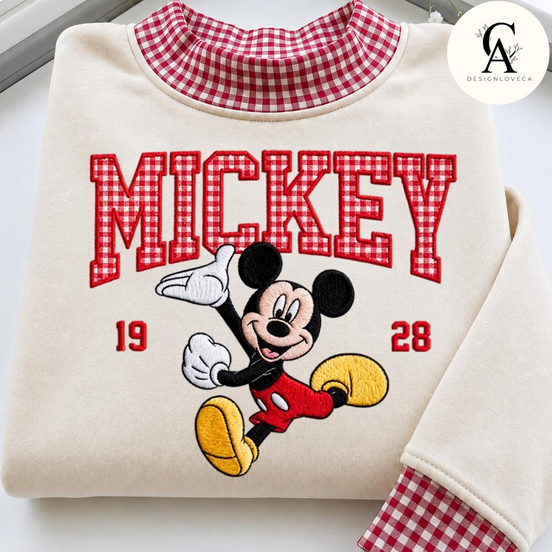 Embroidered Disney Trip Applique Gingham Mock Neck Zip Sweatshirt with All Characters Mickey and Friends Toy Story Crewneck Sweater