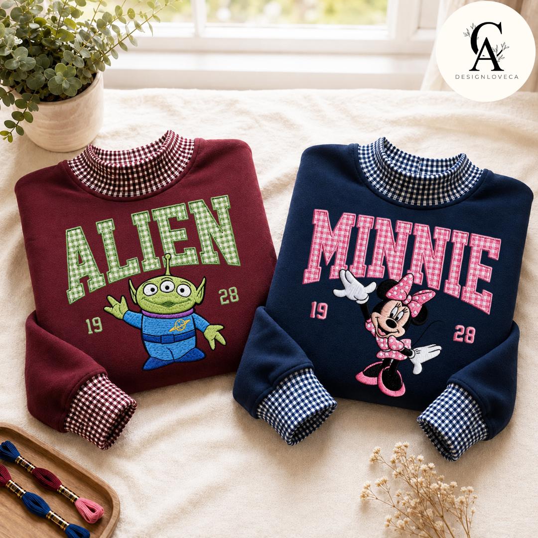 Embroidered Disney Trip Applique Gingham Mock Neck Zip Sweatshirt with All Characters Mickey and Friends Toy Story Crewneck Sweater - photo 2