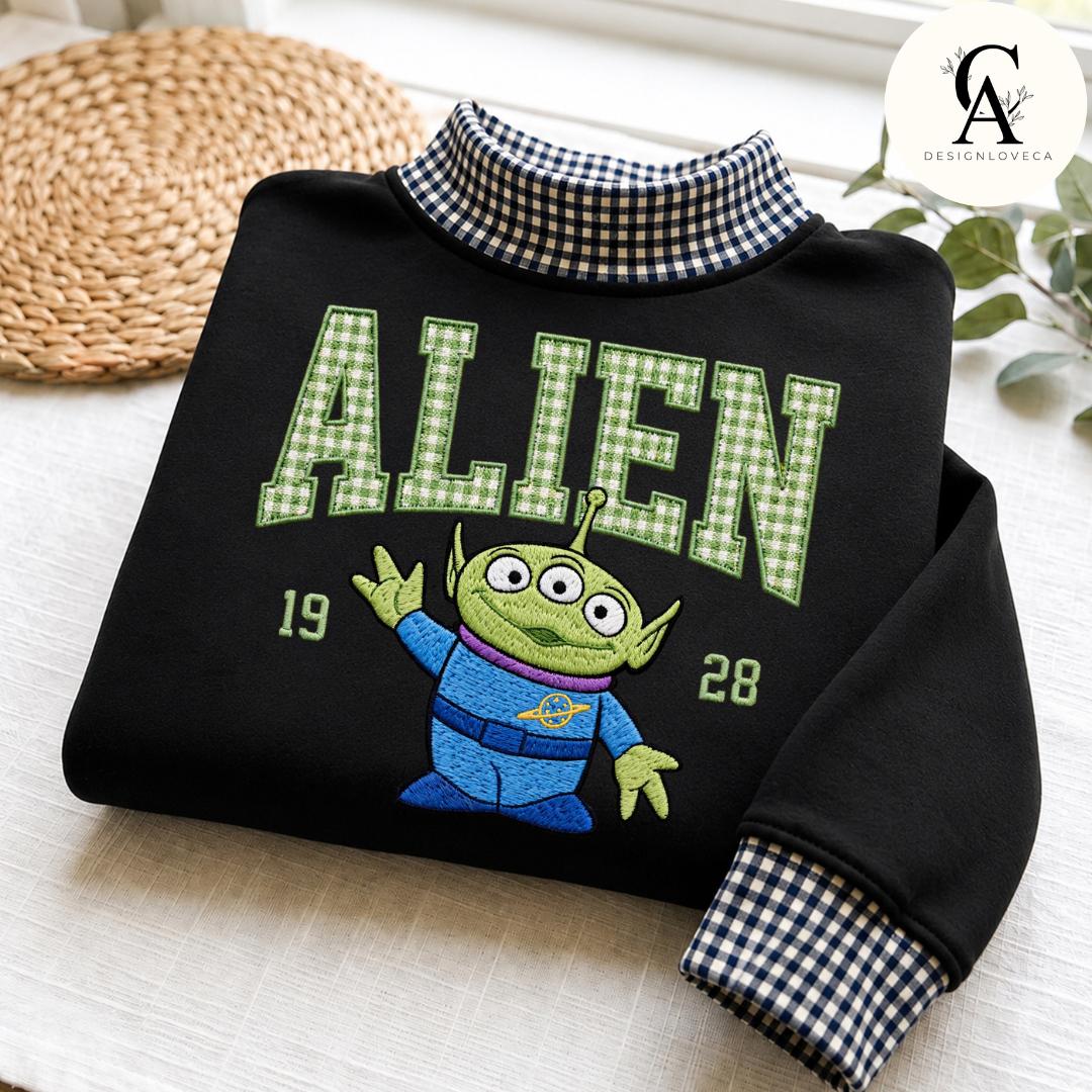 Embroidered Disney Trip Applique Gingham Mock Neck Zip Sweatshirt with All Characters Mickey and Friends Toy Story Crewneck Sweater - photo 3