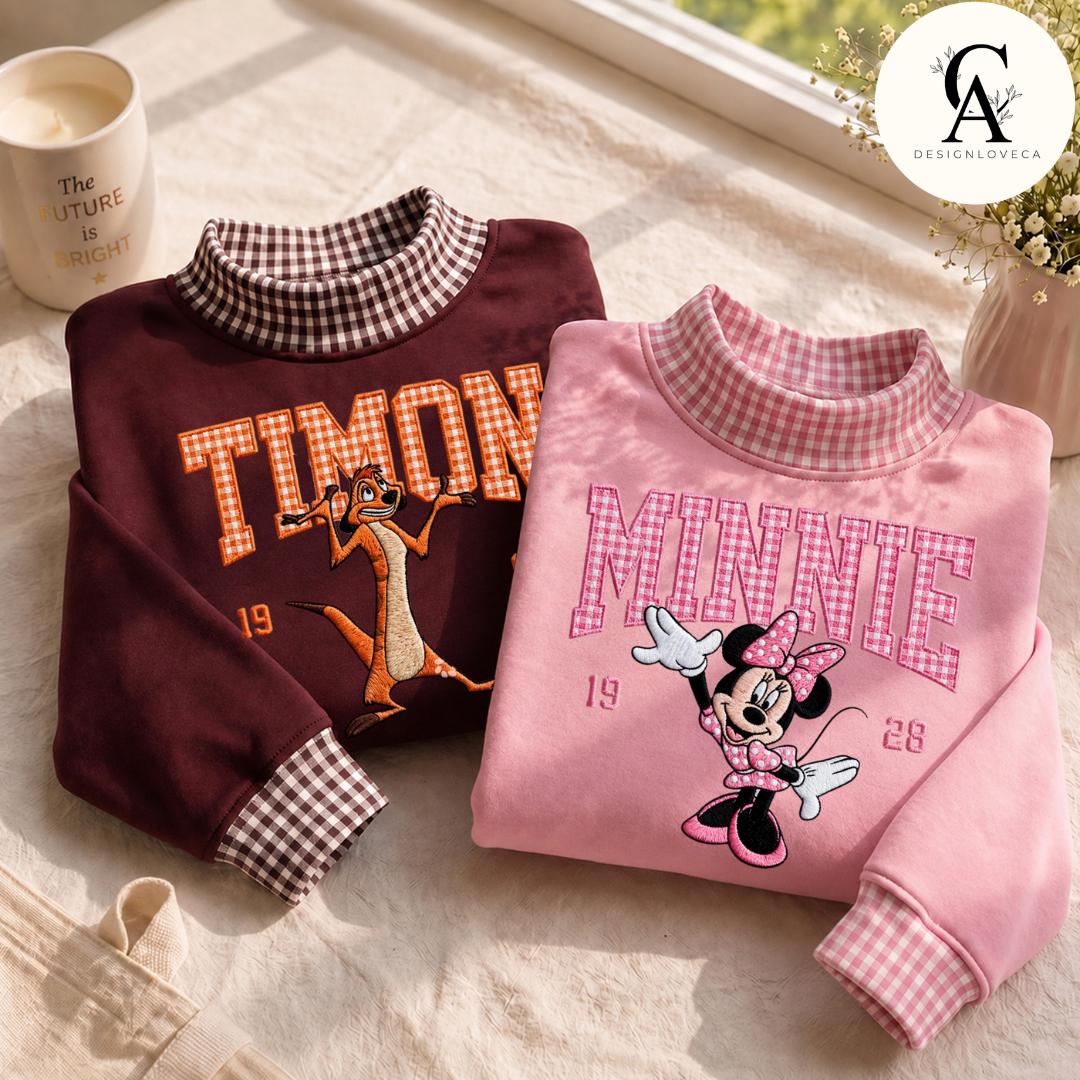 Embroidered Disney Trip Applique Gingham Mock Neck Zip Sweatshirt with All Characters Mickey and Friends Toy Story Crewneck Sweater - photo 4