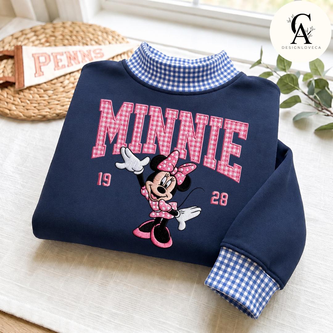 Embroidered Disney Trip Applique Gingham Mock Neck Zip Sweatshirt with All Characters Mickey and Friends Toy Story Crewneck Sweater - photo 6