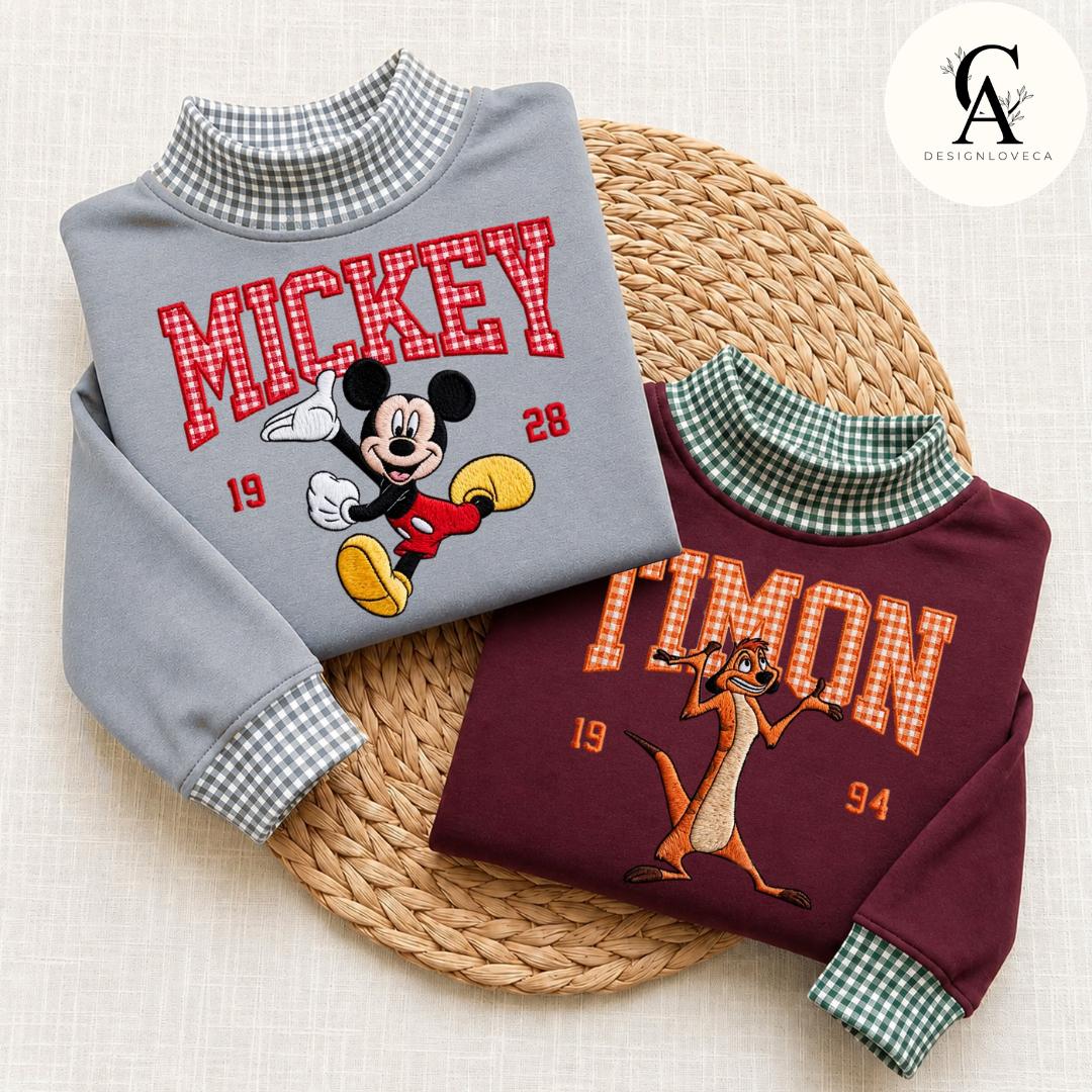 Embroidered Disney Trip Applique Gingham Mock Neck Zip Sweatshirt with All Characters Mickey and Friends Toy Story Crewneck Sweater - photo 7