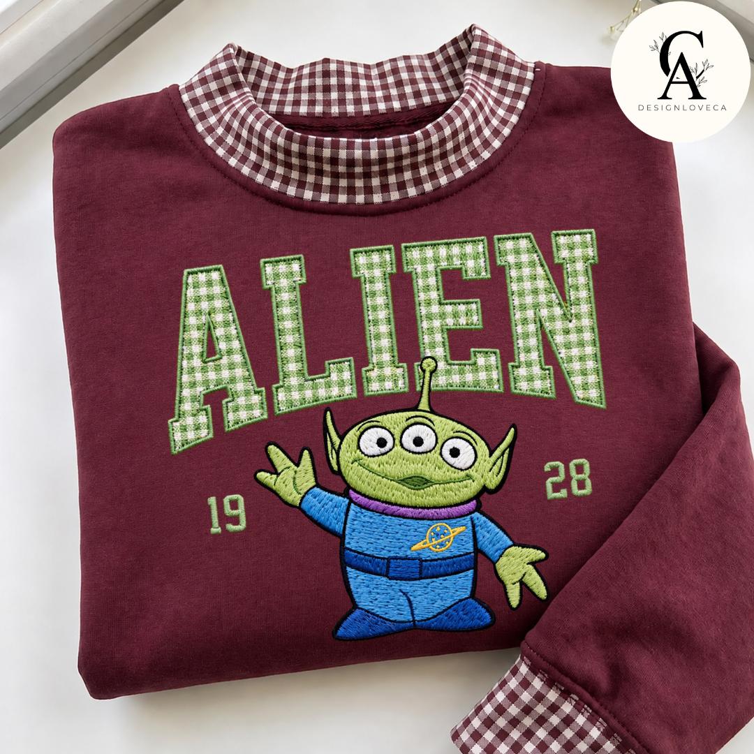 Embroidered Disney Trip Applique Gingham Mock Neck Zip Sweatshirt with All Characters Mickey and Friends Toy Story Crewneck Sweater - photo 8