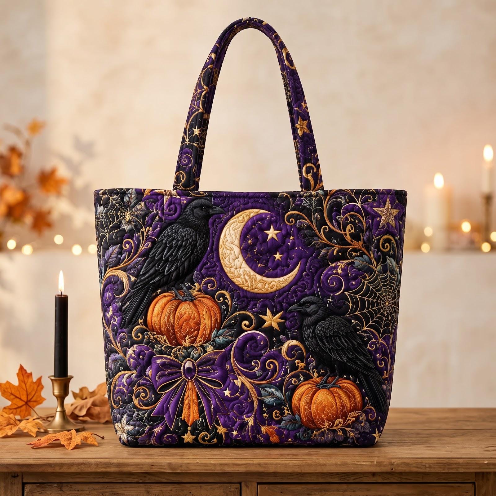 Halloween Witch Tote Bag – Pumpkin Raven Shoulder Bag and Spooky Autumn Market Tote for Witchy Gift for Her, Haunted Fall Decor, Quilted Style