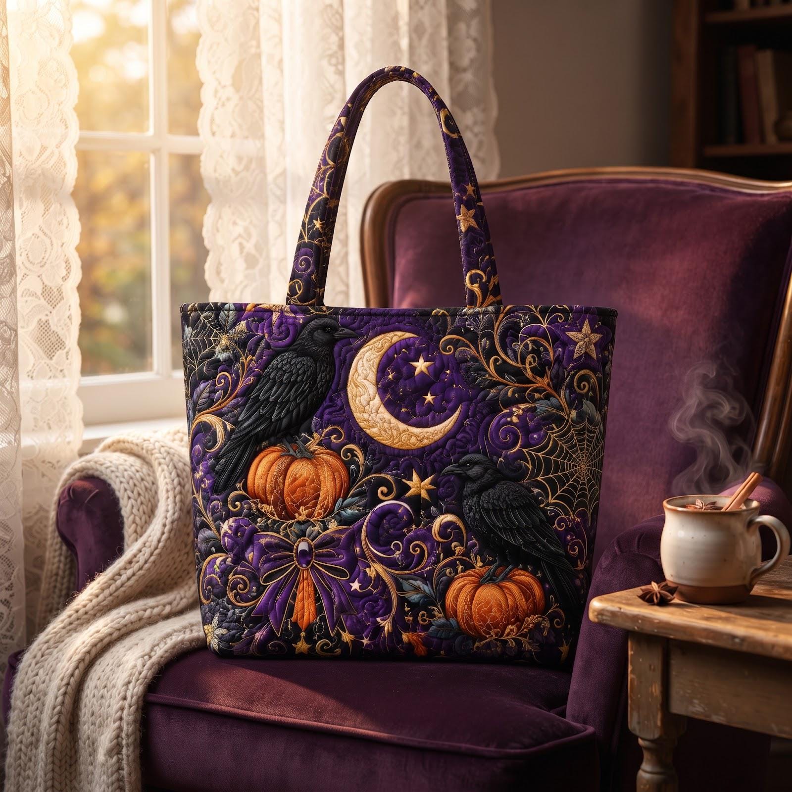 Halloween Witch Tote Bag – Pumpkin Raven Shoulder Bag and Spooky Autumn Market Tote for Witchy Gift for Her, Haunted Fall Decor, Quilted Style - photo 2