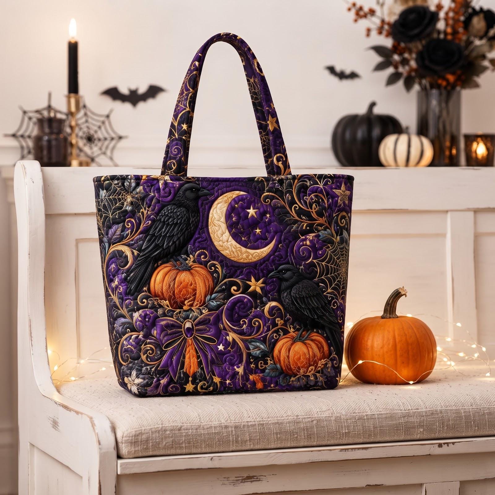Halloween Witch Tote Bag – Pumpkin Raven Shoulder Bag and Spooky Autumn Market Tote for Witchy Gift for Her, Haunted Fall Decor, Quilted Style - photo 3