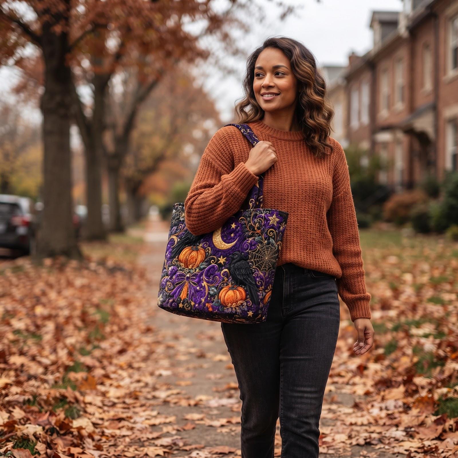 Halloween Witch Tote Bag – Pumpkin Raven Shoulder Bag and Spooky Autumn Market Tote for Witchy Gift for Her, Haunted Fall Decor, Quilted Style - photo 4