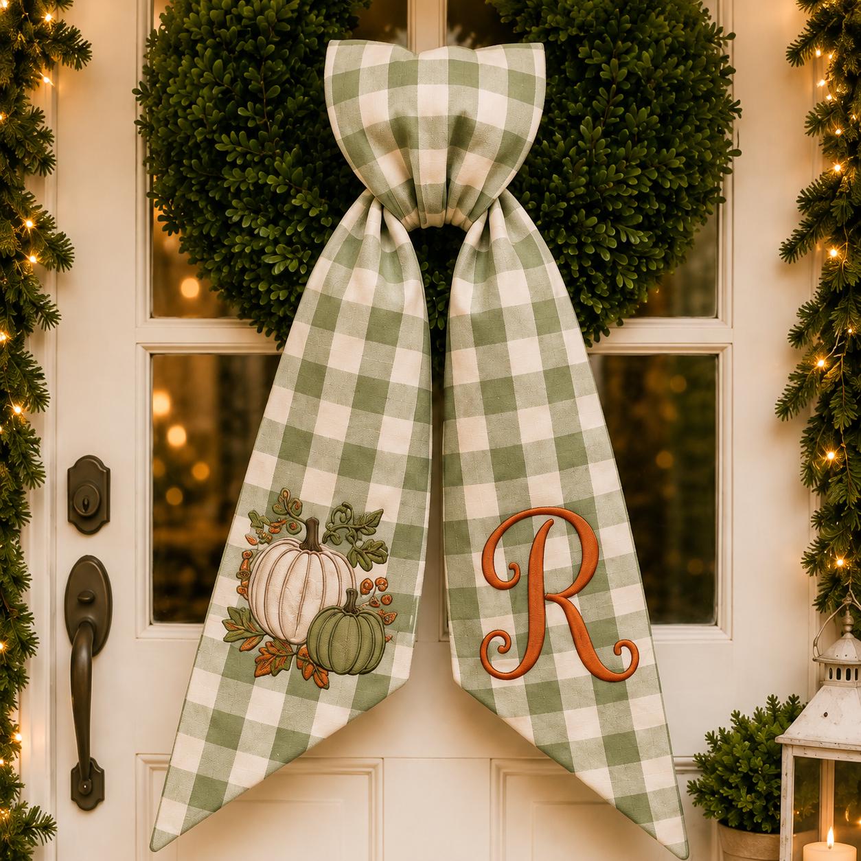 Custom All Season Wreath Sash with Personalized Embroidery Monogram Bow and Nutcracker Halloween Fall Floral Holiday Front Door Decor - photo 2
