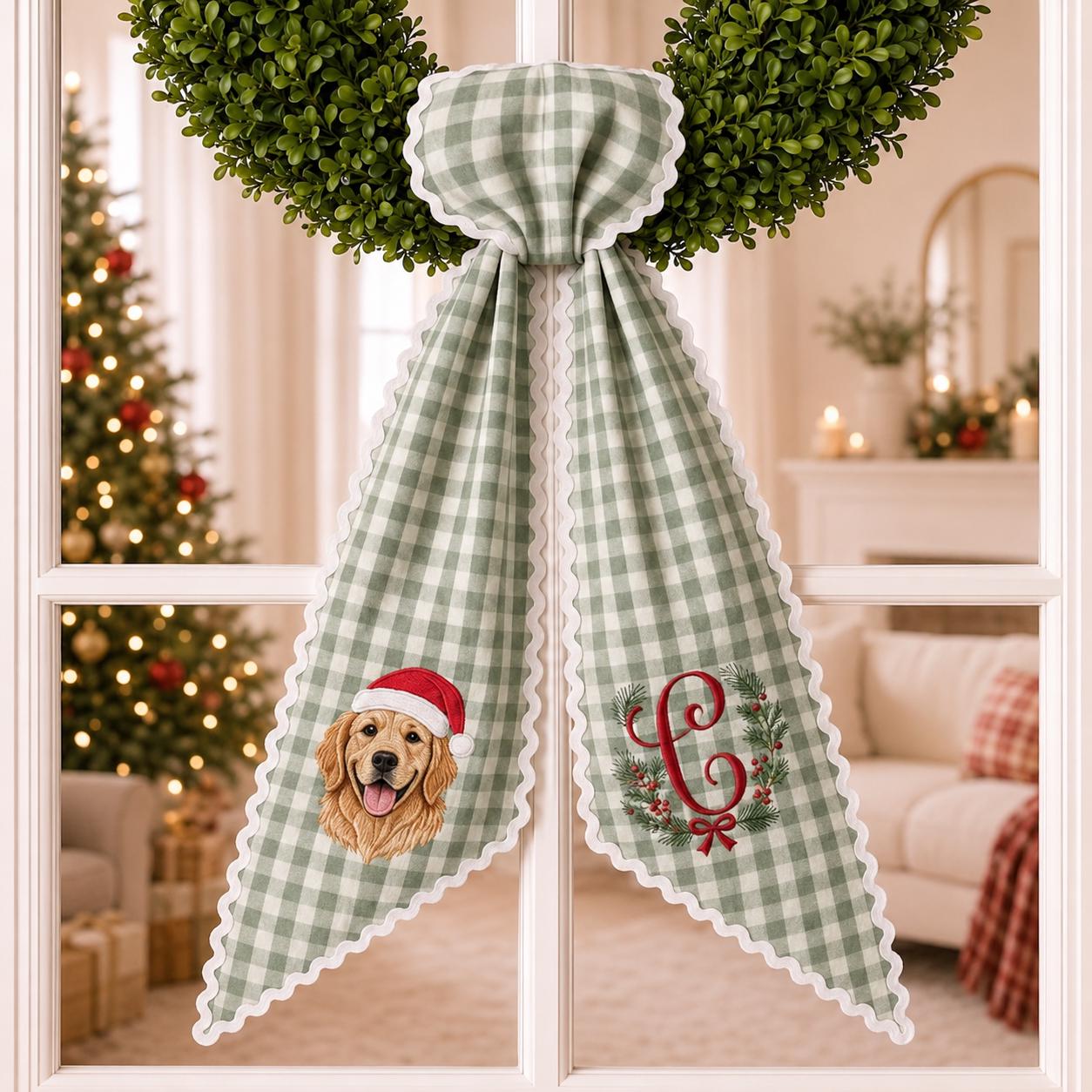 Custom All Season Wreath Sash with Personalized Embroidery Monogram Bow and Nutcracker Halloween Fall Floral Holiday Front Door Decor - photo 4