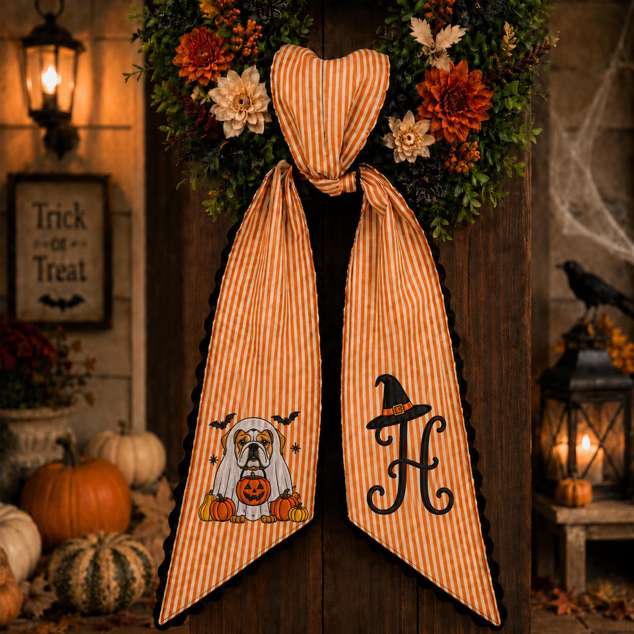 Custom All Season Wreath Sash with Personalized Embroidery Monogram Bow and Nutcracker Halloween Fall Floral Holiday Front Door Decor - photo 5