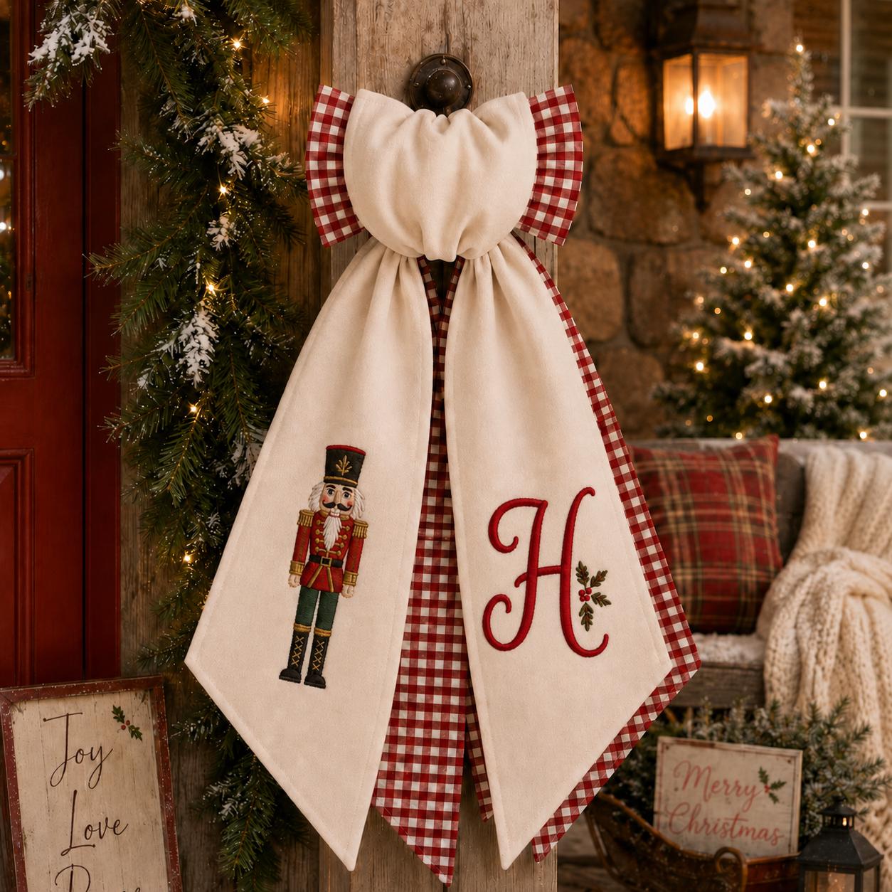 Custom All Season Wreath Sash with Personalized Embroidery Monogram Bow and Nutcracker Halloween Fall Floral Holiday Front Door Decor - photo 12