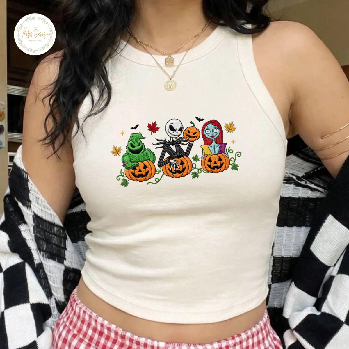 Embroidered Nightmare Before Christmas Sweatshirt with Jack Skellington Sally and Oogie Boogie – Disney Family Baby Tee Lace Trim Tank Top - photo 5