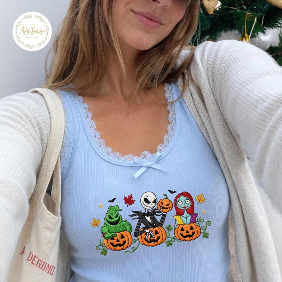 Embroidered Nightmare Before Christmas Sweatshirt with Jack Skellington Sally and Oogie Boogie – Disney Family Baby Tee Lace Trim Tank Top - photo 7