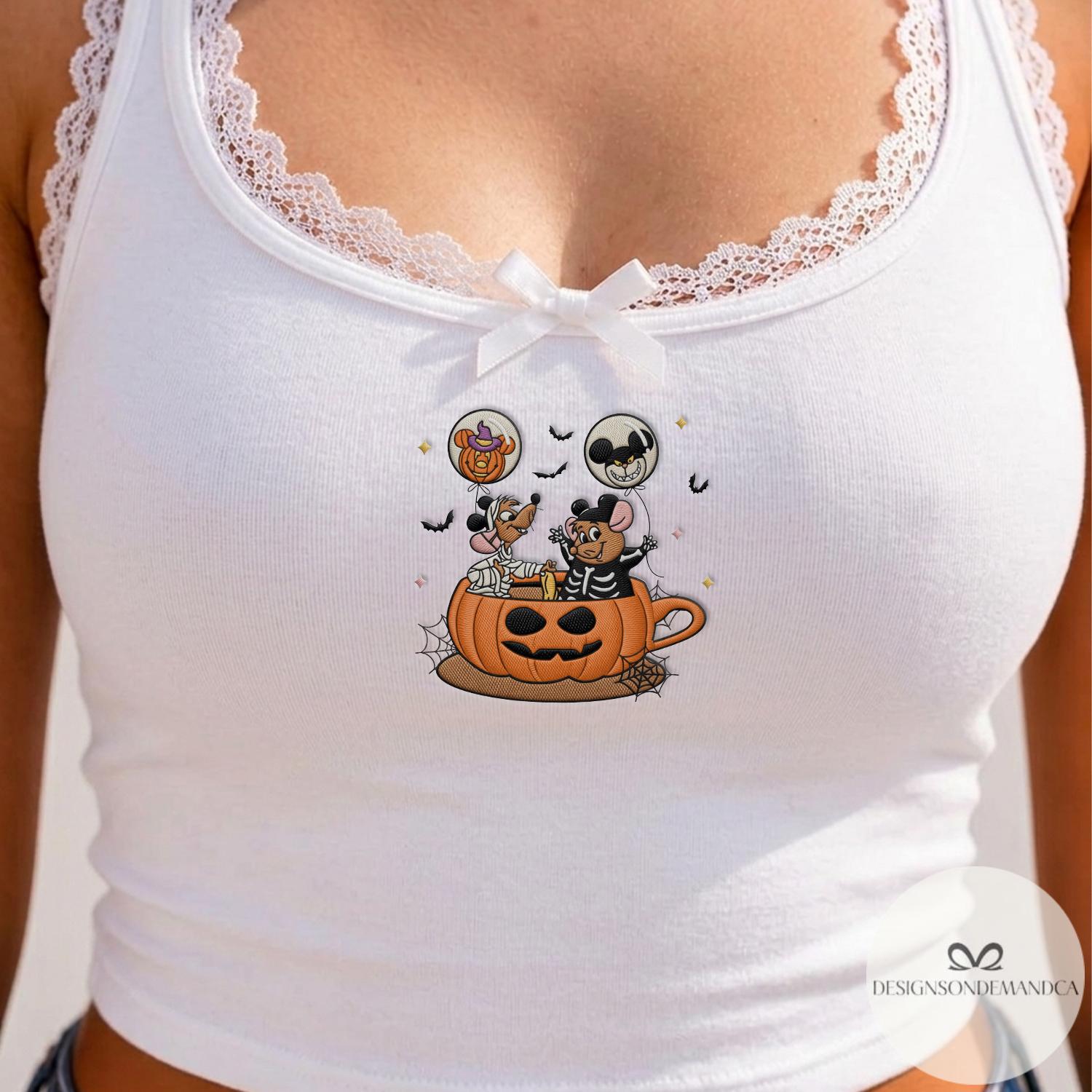 Embroidered Jaq and Gus Disney Cinderella Halloween Baby Tee Crop Tank with Coquette Bow Lace Trim for WDW Disneyland Trip