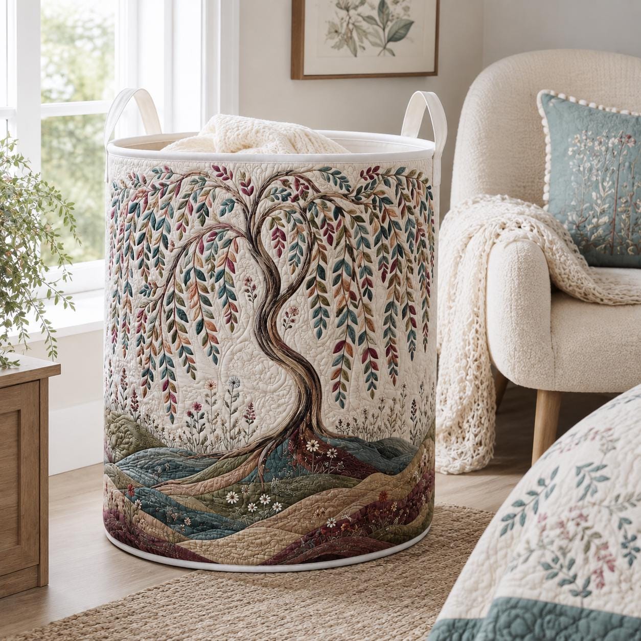 Tree of Life Laundry Basket – Botanical Family Tree Hamper and Nature Quilt Style Storage Bin, Meaningful Gift