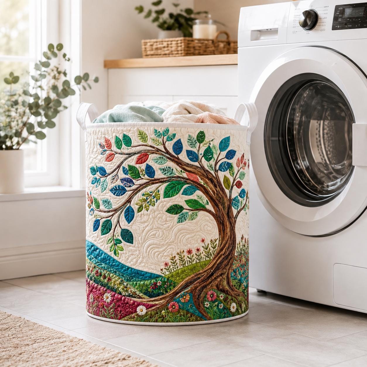 Tree of Life Laundry Basket – Botanical Family Tree Hamper and Nature Quilt Style Storage Bin, Meaningful Gift - photo 2