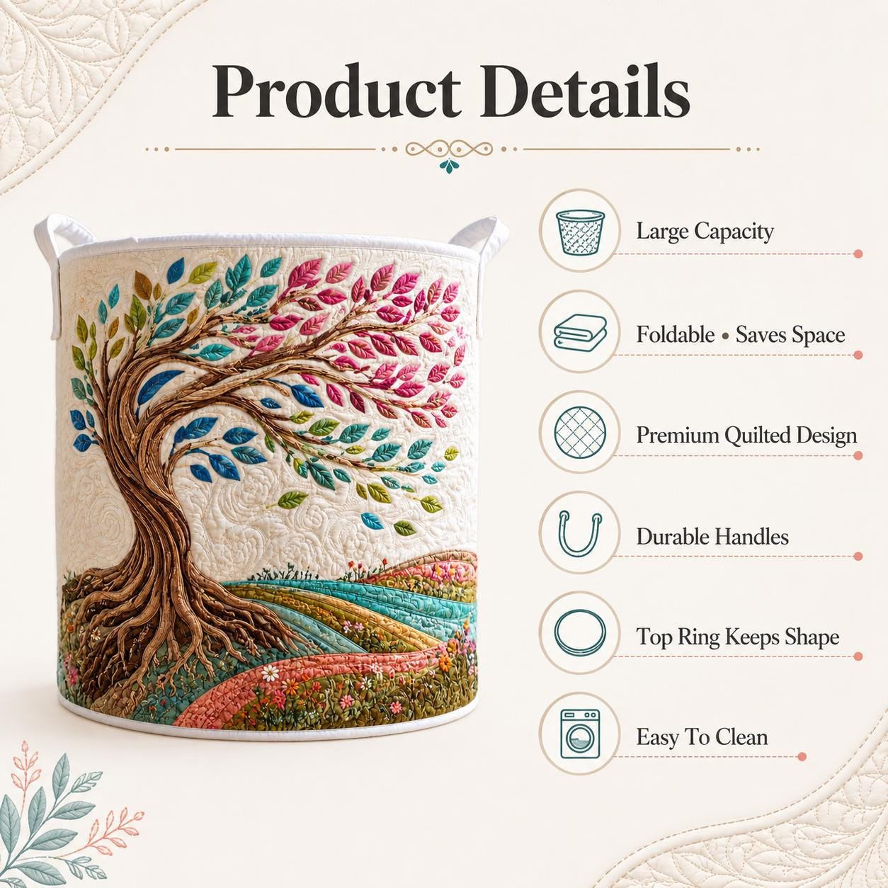 Tree of Life Laundry Basket – Botanical Family Tree Hamper and Nature Quilt Style Storage Bin, Meaningful Gift - photo 9