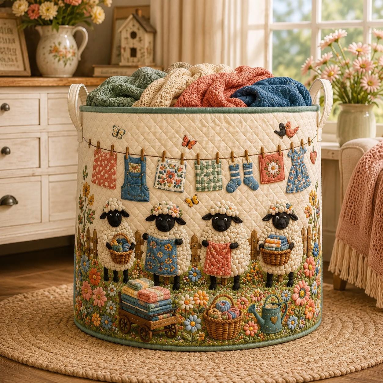 Sheep Laundry Basket – Farmhouse Lamb Hamper and Quilt Style Laundry Room Storage Bin for Farm Animal Organizer, Home Gift